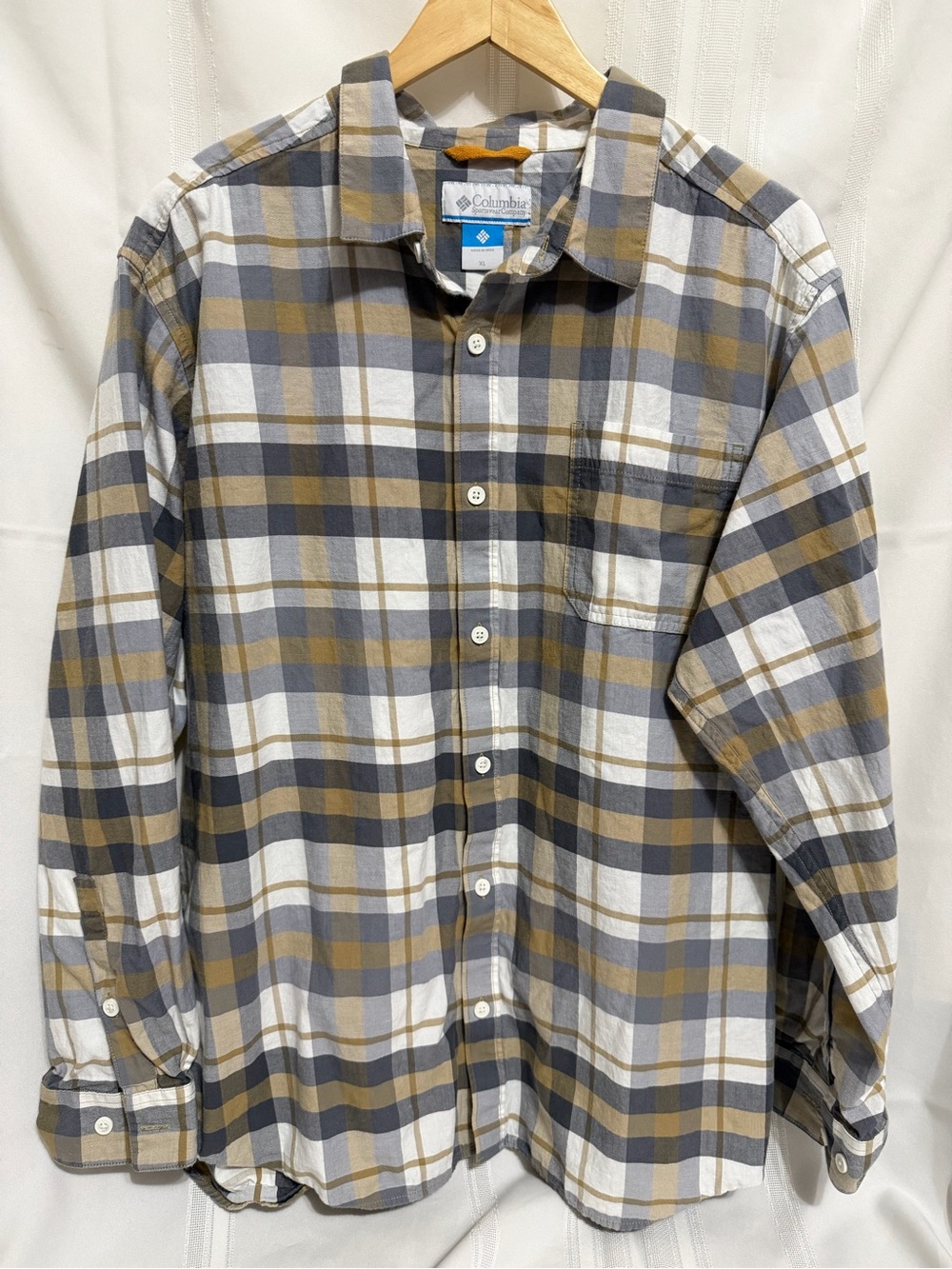 Columbia Men’s Plaid Button-Down Shirt - Gray, Tan & White